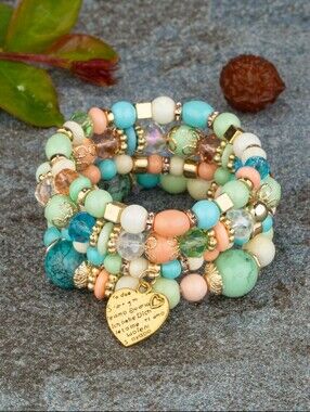 A017 Boho Multi-Strand Beaded Stretch Bracelet - Turquoise & Peach